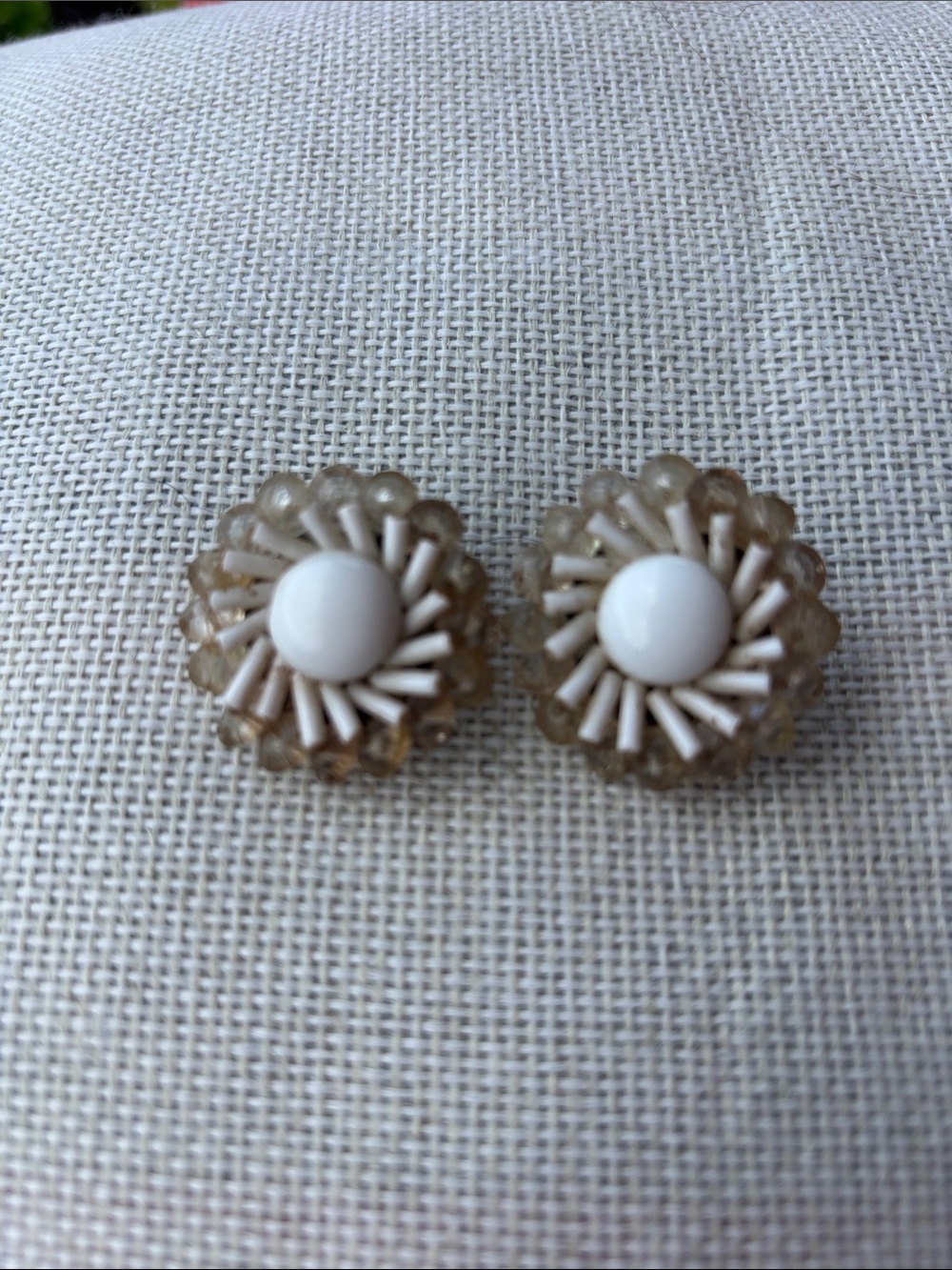 West Germany White and silver toned Floral Button Earrings - Women Jewelry